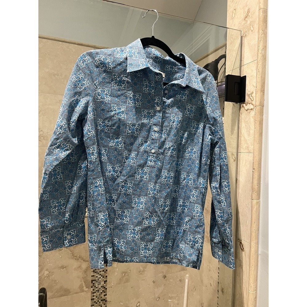 Talbots Popover Blue White Medallion Scene Print Shirt Cotton PS